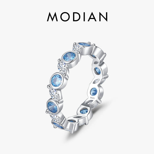 Modian Sterling Silver Ocean Round Blue CZ Eternal Ring