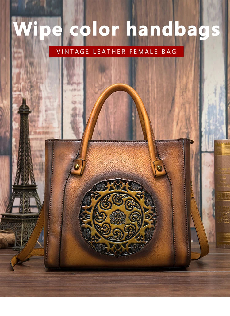 Vintage Elegance Embossed Genuine Leather Shoulder Bag - Glamourize 