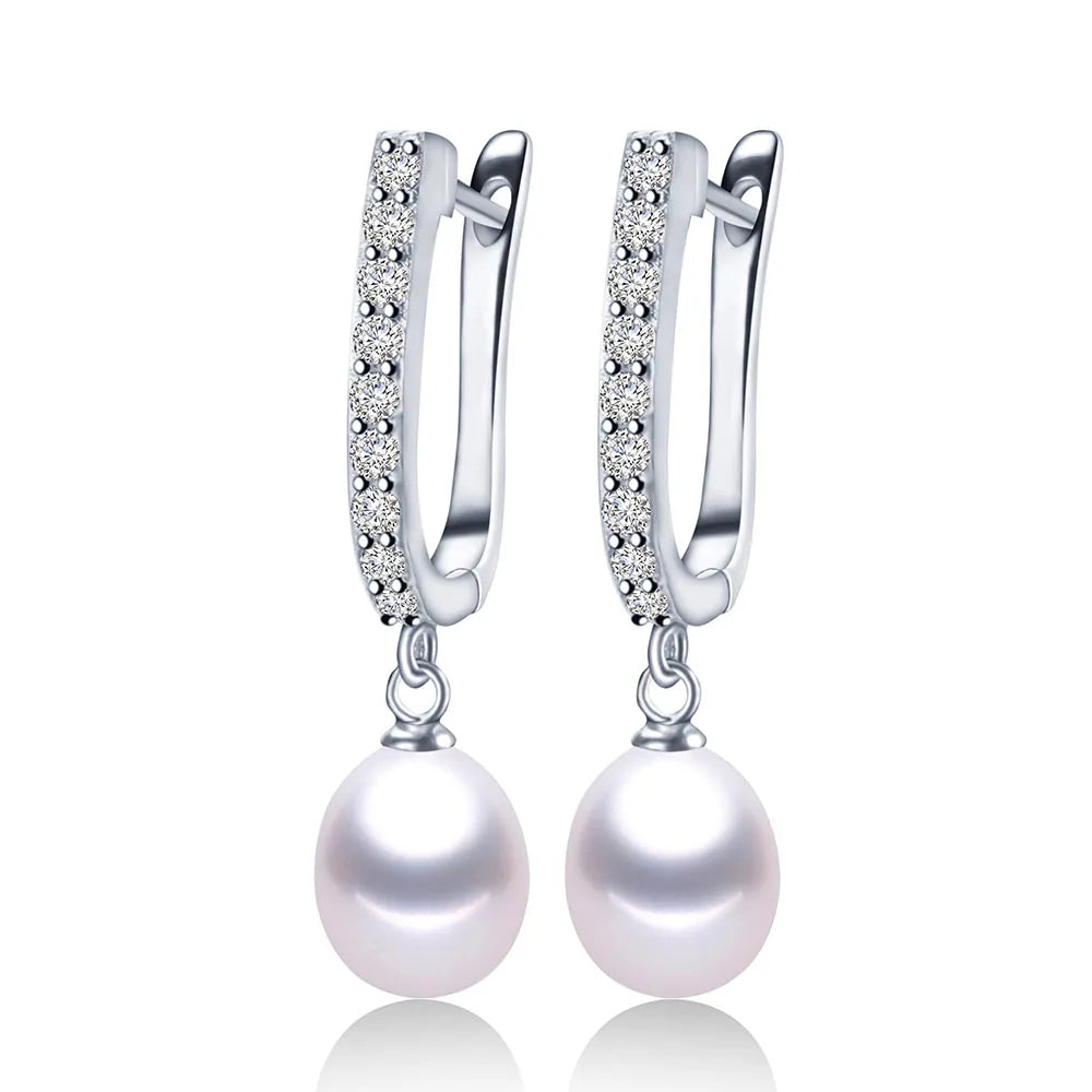 Lustrous Pearl Drop Earrings with Sparkling Cubic Zirconia in Sterling Silver