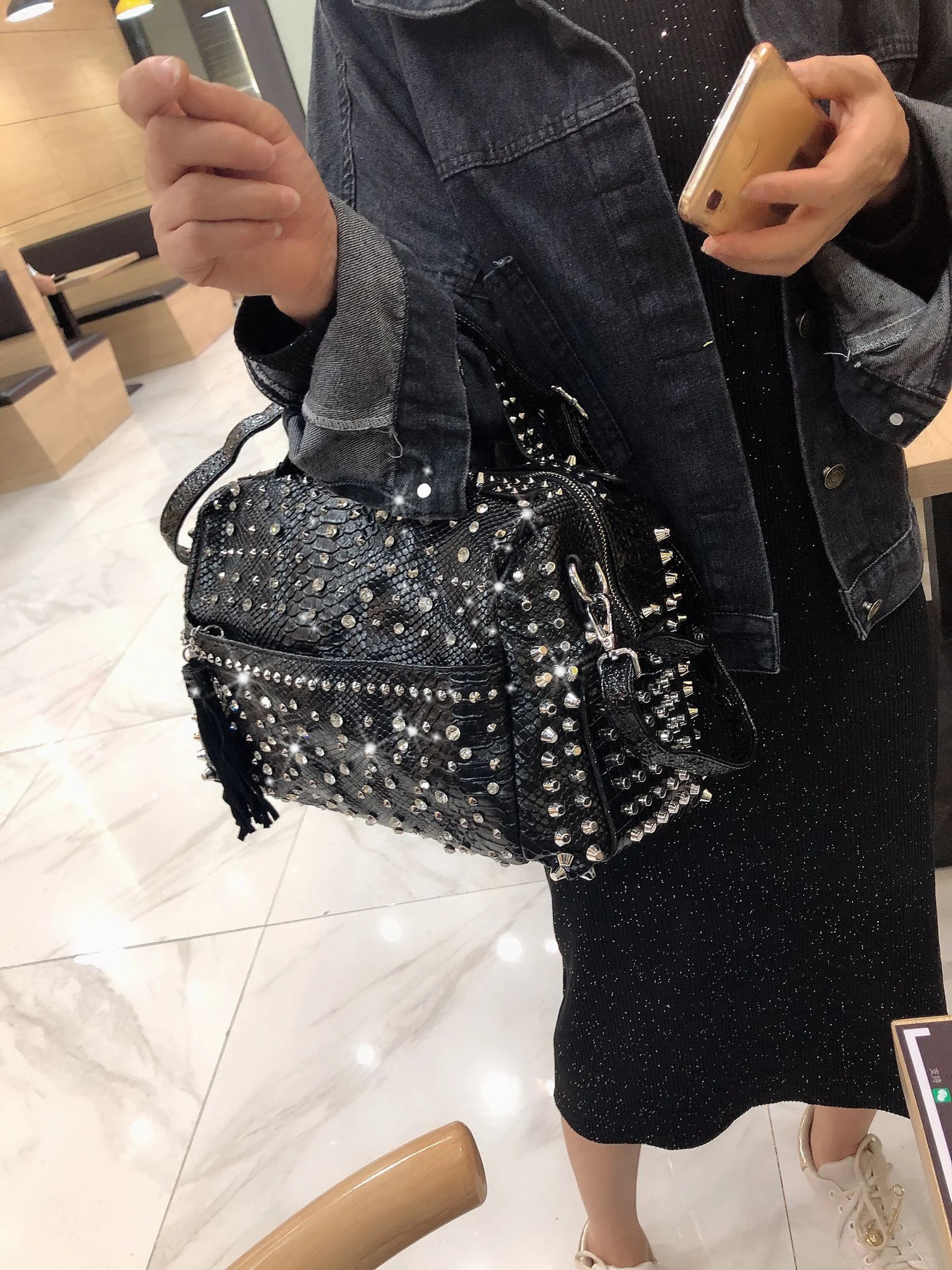 Rectangle Retro Rhinestone  and Rivet Shoulder Handbag - Glamourize 