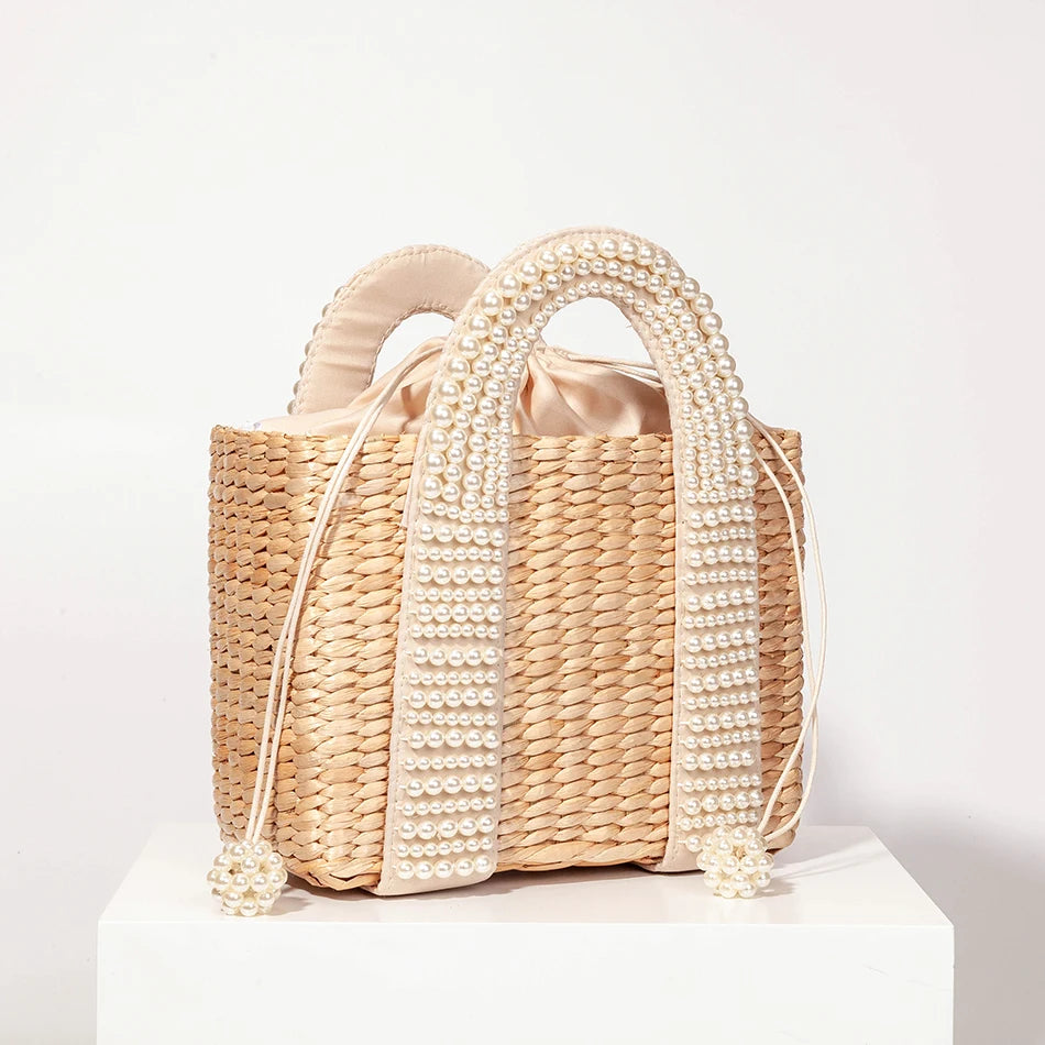 Handwoven Straw Bag with Detachable Faux Pearl Handles - Glamourize 