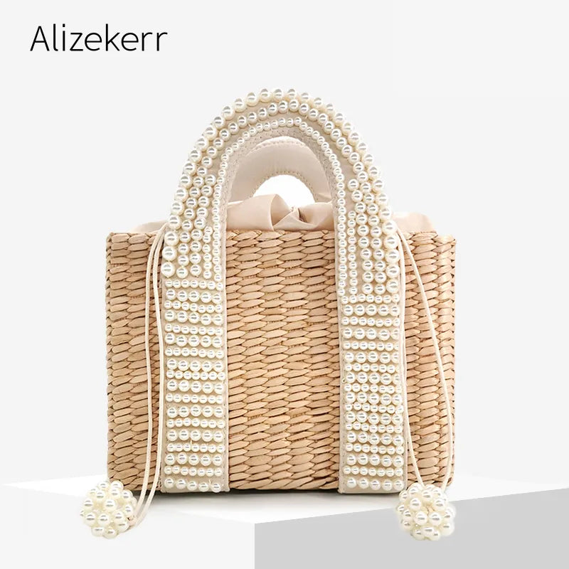 Handwoven Straw Bag with Detachable Faux Pearl Handles - Glamourize 