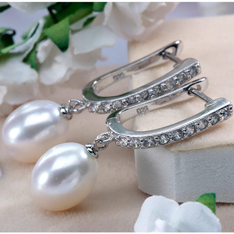 Lustrous Pearl Drop Earrings with Sparkling Cubic Zirconia in Sterling Silver