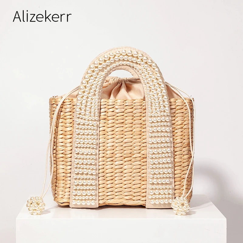 Handwoven Straw Bag with Detachable Faux Pearl Handles - Glamourize 