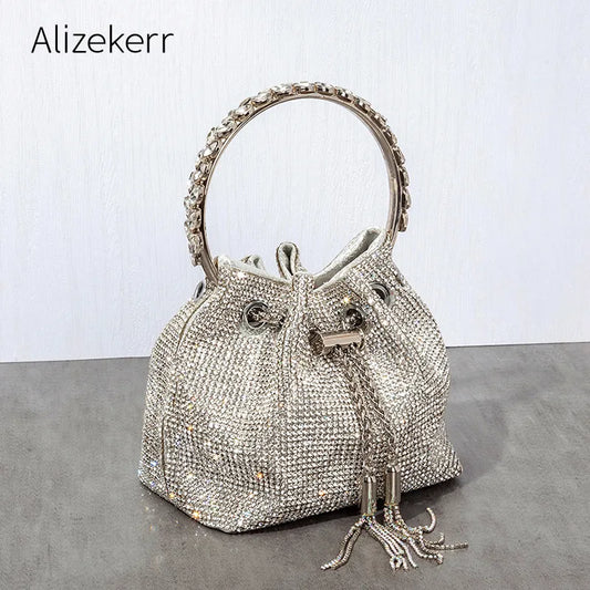 Luxury Round Handle Rhinestone Bucket Bag - Glamourize 